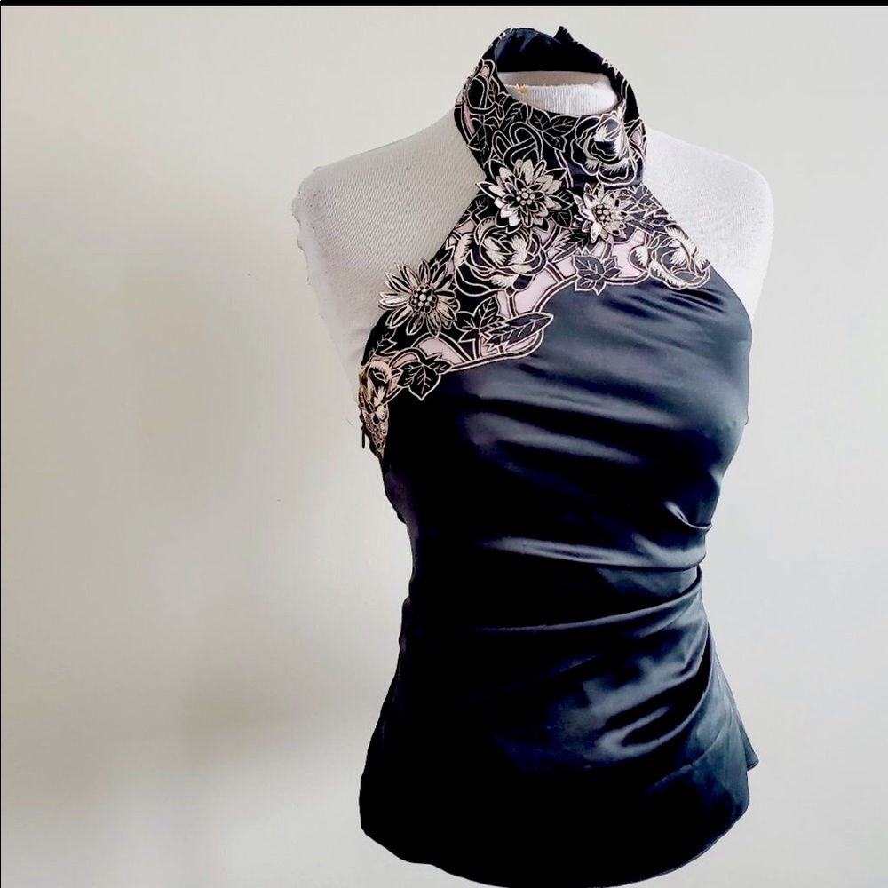 KAREN MILLEN 95% Silk Embroidered Halter Top
